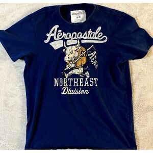Aeropostale Y2K Men's Blue Short‎ Sleeve Crew Neck Tee Screen Print Bull Size M